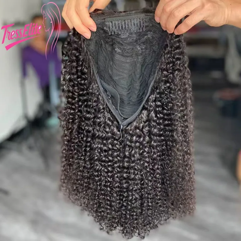 

High Quality 200% Density Kinky Curly Half Full MachineHuman Hair Tail Wig Natural Color 16inch Adjustable Size Natural Look