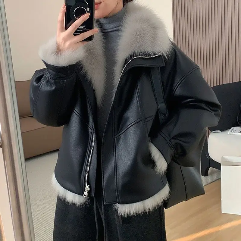 Women Faux Leather Shearling Lined Jacket Big Faux Fox Fur Collar Up Oversized Short Warm Winter Moto Fur Trim Coat Outerwear