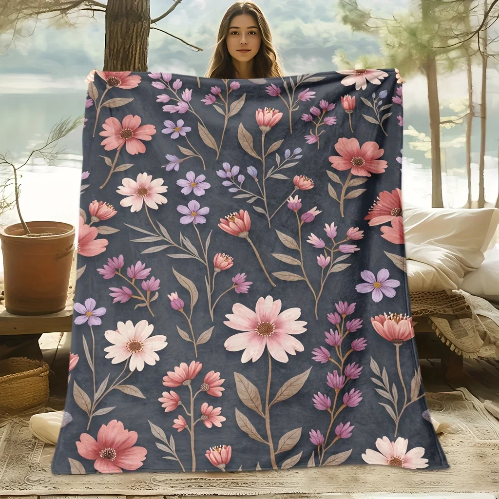 Top pick1pc Mixed Color Floral Fleece Blanket HD Print 100% Polyester All-Season Machine Washable Family Gift
