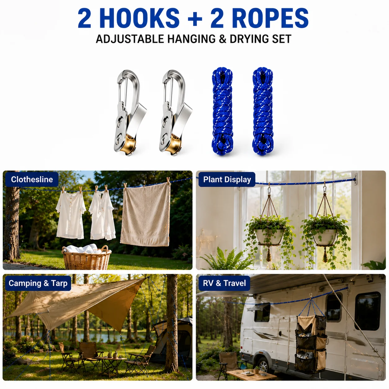 Heavy Duty Retractable Rope Tensioner, Adjustable Tie Down Rope with Roller Buckle System, Camping Tarp Guyline Kit