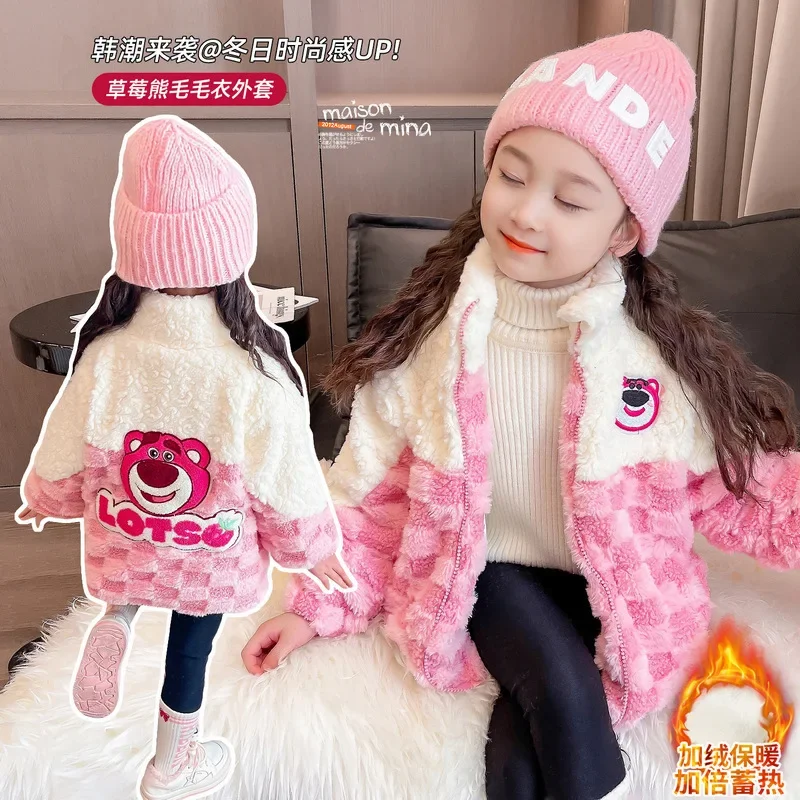 

Girly Heart MINISO Kawaii Anime Ins Fashion Strawberry Bear Sweater Coat Winter Cute Thickened Jacket Clothing Gifts for Kids