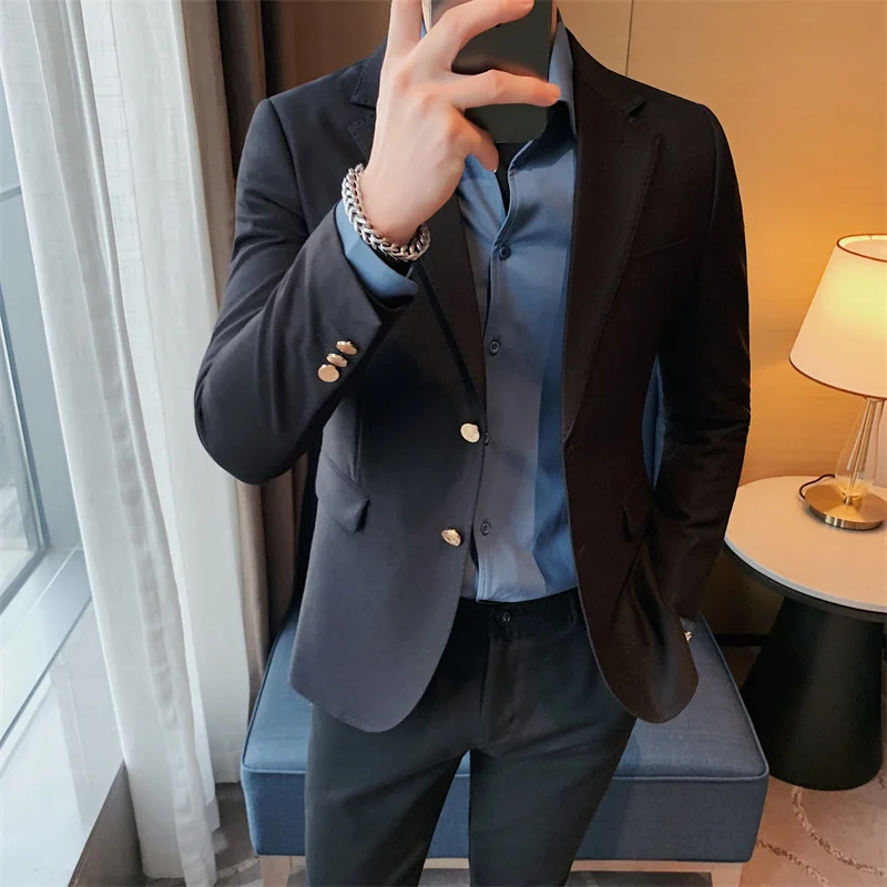 

British Style Solid Color Blazers Men Autumn Winter Casual Business Suit Jackes Slim Wedding Groom Social Banquet Men Clothing