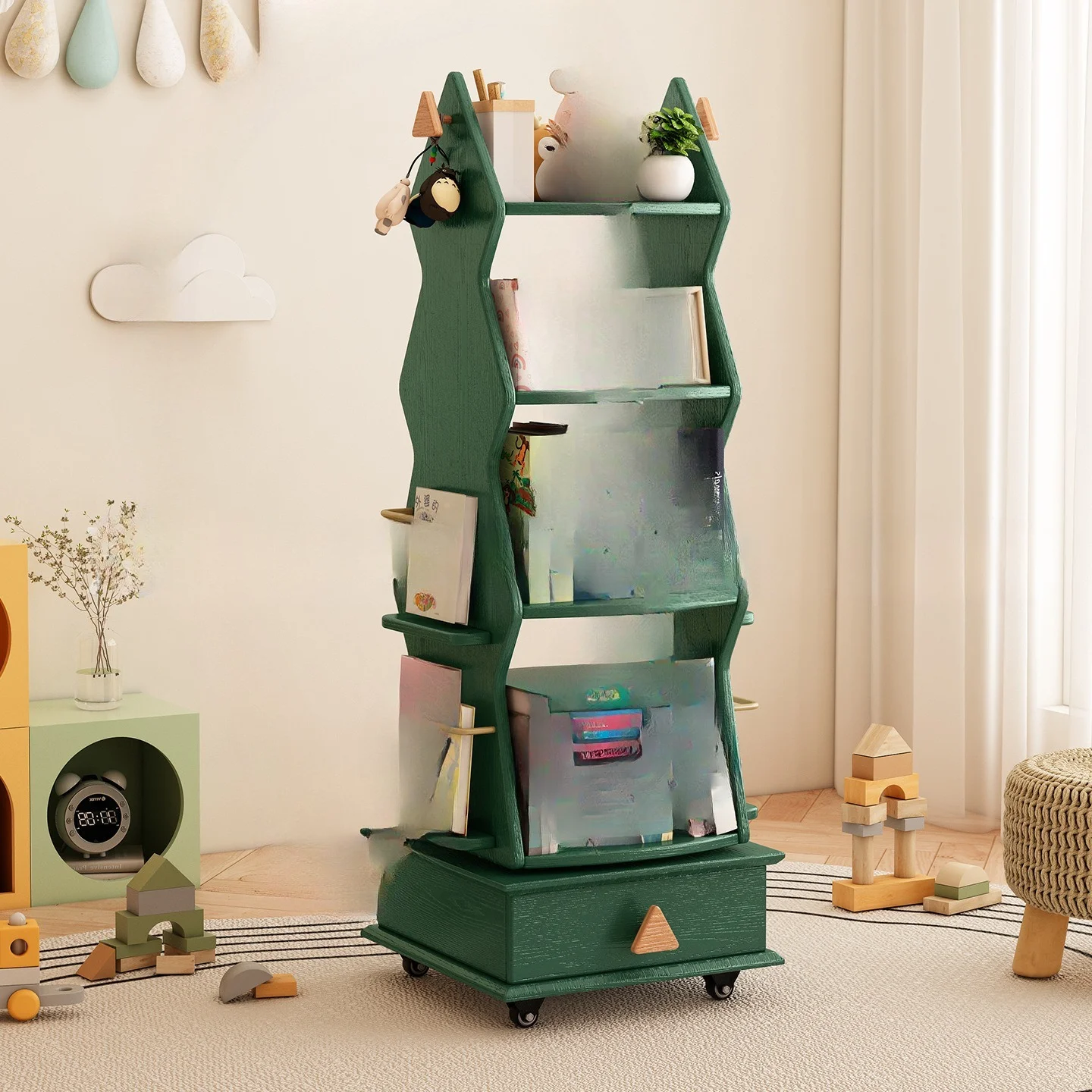 Solid wood bookshelf floor shelf 360 degree rotating bookcase integrated movable picture book rack