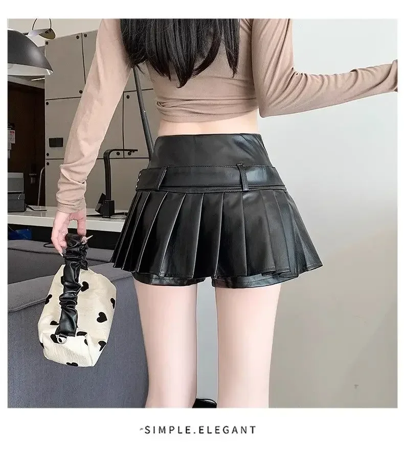 Schwarzer Retro PU-Lederrock für Damen Herbst Neu Hochgeschnittener A-Linien Plisseerock – Detail 5