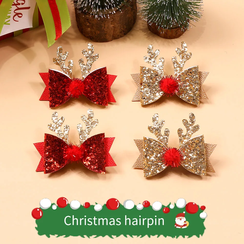 Xmas Antler Hair Clip Sparking Bownot Shaped Hairclip Reindeer Hairpins Barrettes Perfect for Christmas Party Hair Styling