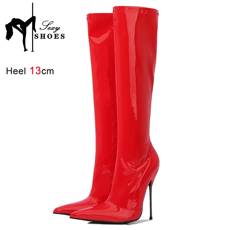 Red Pointy Knee-High Boots Women Sexy 13CM Thin Heels High Heels Shoes Female Fashion Side-zipper Sexy Autumn New Boots Size 46