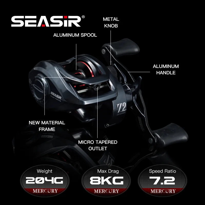 Seasir Mercury Baitcasting Reel 7.2:1 High Gear Ratio Drag 8kg 5+1BB N52 Drag Clicker Fishing Fresh Saltwater Fishing Coil