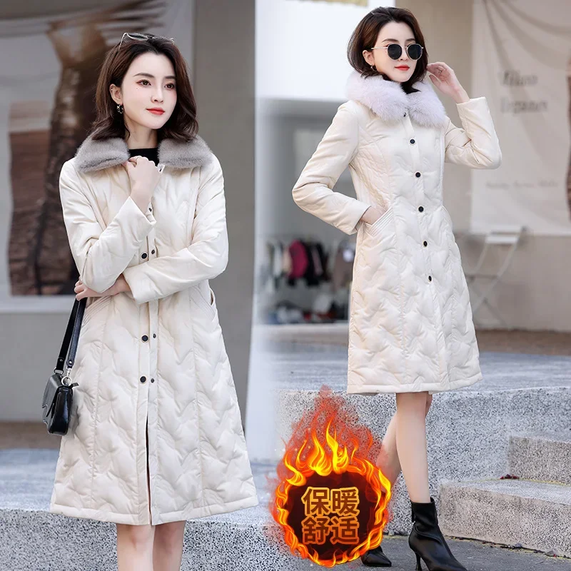 Winte Leather White Duck Down Jacket for Women Women's Medium Length Thickened Down Coats Fox Fur and Mink Fur Collar Jaqueta