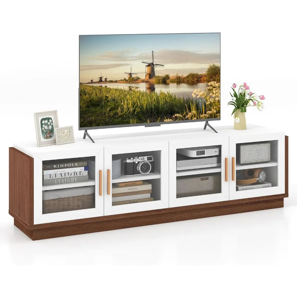 

Large TV Stand for TVs up to 75”, Entertainment Center with 4 Tempered Glass Doors, 2 Adjustable Shelf, 4 Cable Holes, M