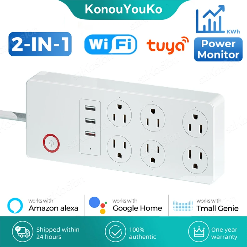 Tuya US Power Strip with Power Monitor Wifi Smart Plug Electrical Sockets USB Ports Extension Cable Works with Alexa Smart Life