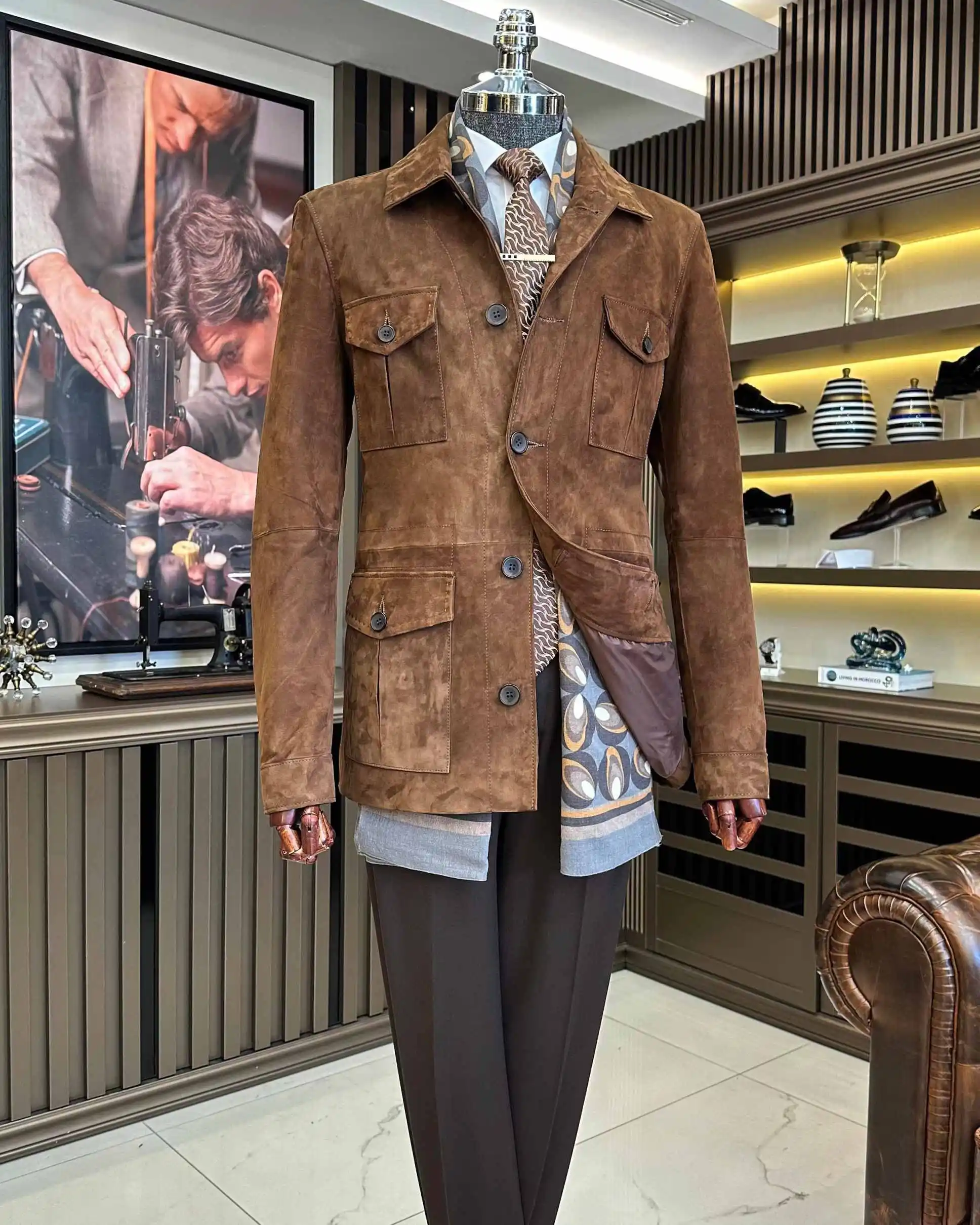 Chic Brown Men 2‑Pieces Business Suit Suede Lapel Collar Multi‑Pocket Craft Slim Fit Outfit For Evening Gathering Customized