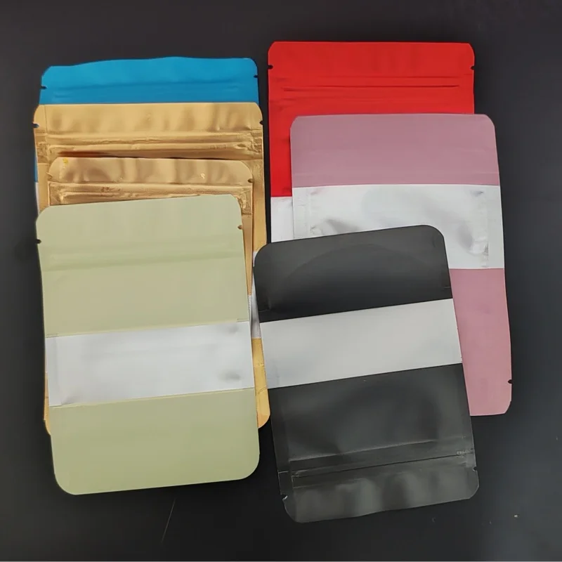 

100PCS Multi-Col Stand up Matte Al Foil Window Ziplock Bag Resealable Snack Beads Cereals Spice Sugar Candy Tea Storage Pouches