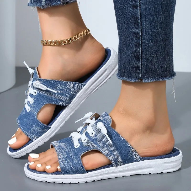 2024 Fashion Women\'s Canvas Sandals Light Breathable Summer Slippers Lace Up Open Toe Ladies Blue Denim Flat Shoes Zapatos Mujer