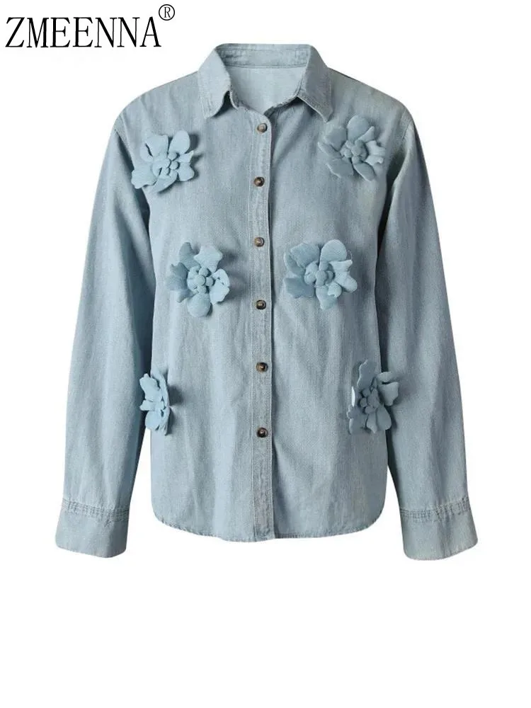 

ZMEENNA Женская джинсовая рубашка Голубая блузка на пуговицах с длинными рукавами и 3D цветочной аппликацией Повседневный свободный крой Топ Шикарный ZM3295