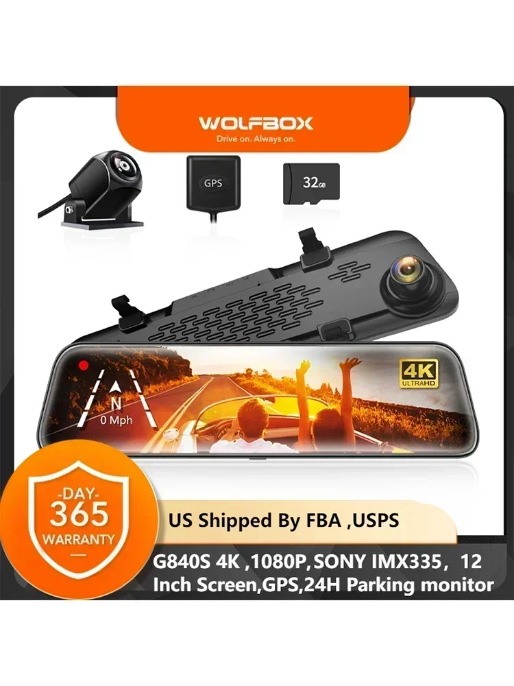 Wolfbox g840s 12 "ips dash kamera 4k rückansicht dash cam gps video recorder nachtsicht hd dual kameras auto dvr park monitor