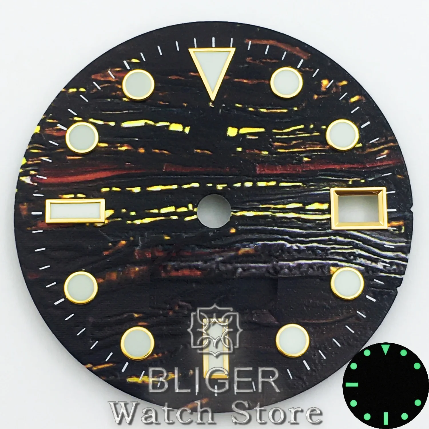 BLIGER 29 мм Lron Tiger's Eye Модифицированный циферблат для дайвинга Высокое качество Зеленый светящийся подходит для механизма NH34 NH35 может индивидуальный текст логотипа