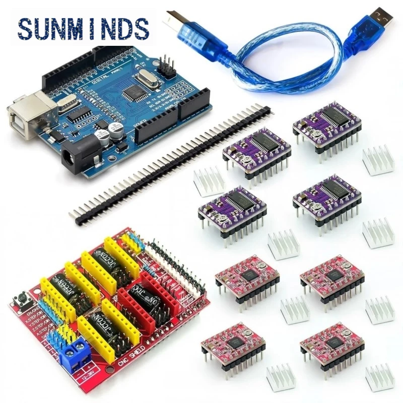 1 Uds CNC Shield V3 máquina de grabado impresión 3D + 4 Uds DRV8825 o A4988 placa de expansión del controlador para Arduino + UNO R3 con Cable USB