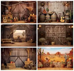 Laeacco Western Cowboy Backdrop Wild West Rustic Wooden Barn House Straw Wheels Kids Birthday Portrait Photography Background