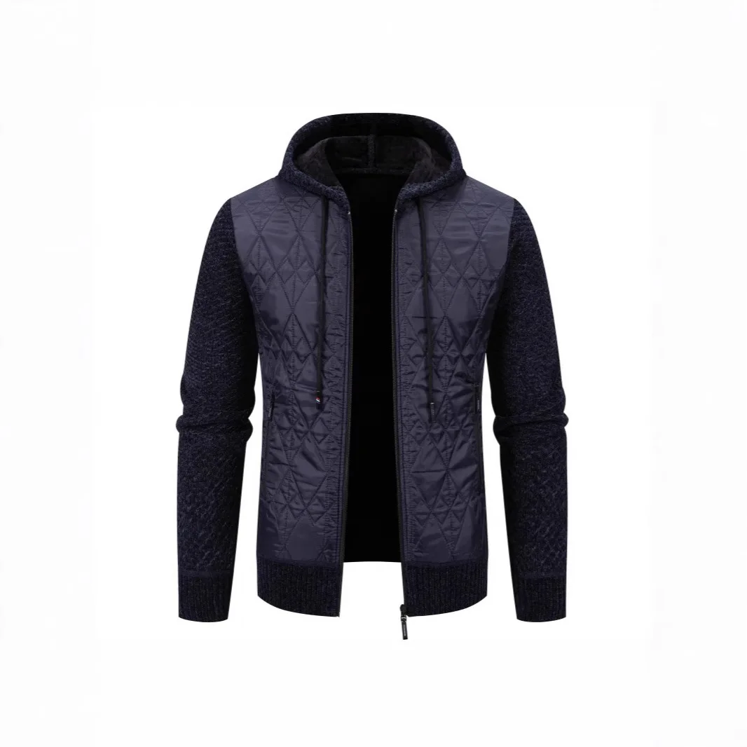 Men's Casual Hooded Cardigan Sweater Splicing Jacket Fashion Fleece Warm Men's Jacket
