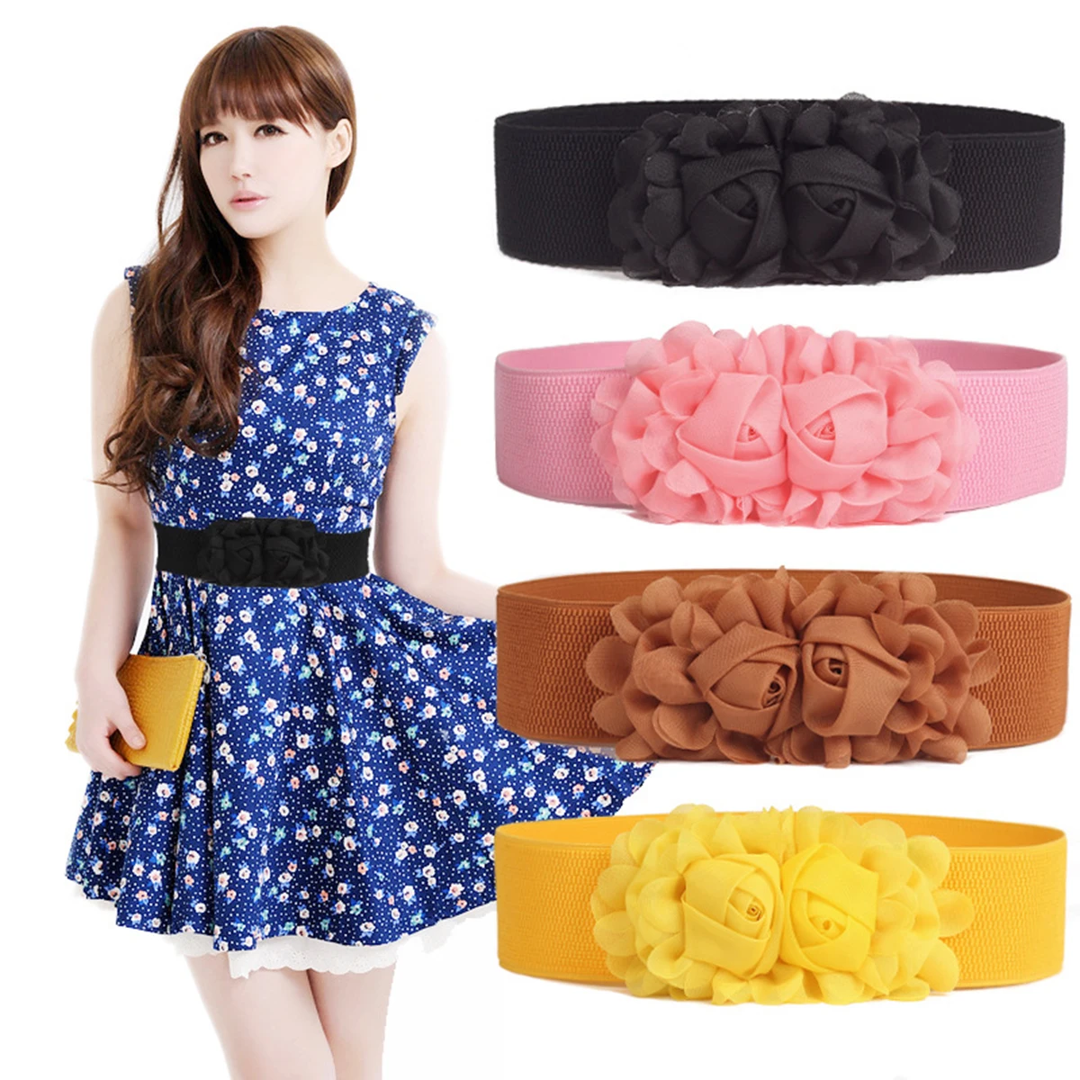 

Elastic Waistband Men's Elegant Double Buckles Woman Women's Belts Dress Flower Girdle