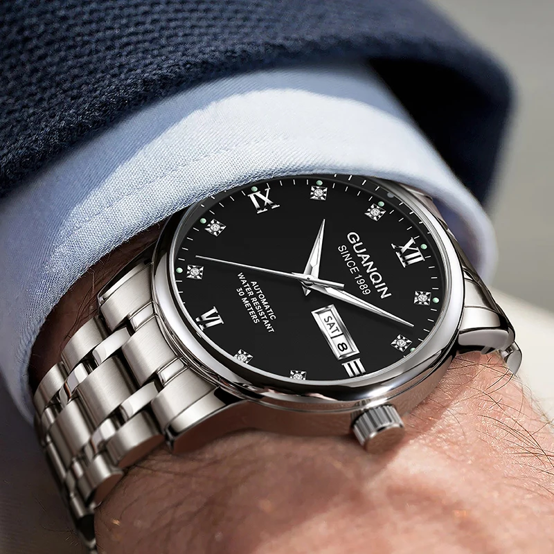 Мужские часы GUANQIN, механические часы с двойным календарем из нержавеющей стали, светящиеся водонепроницаемые мужские наручные часы для бизнеса и отдыха