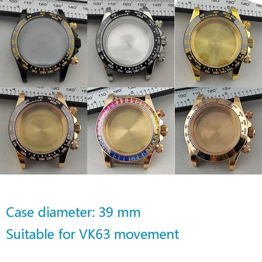 

39mm watch case accessory, stainless steel case, ceramic bezel, suitable for VK63 quartz movement