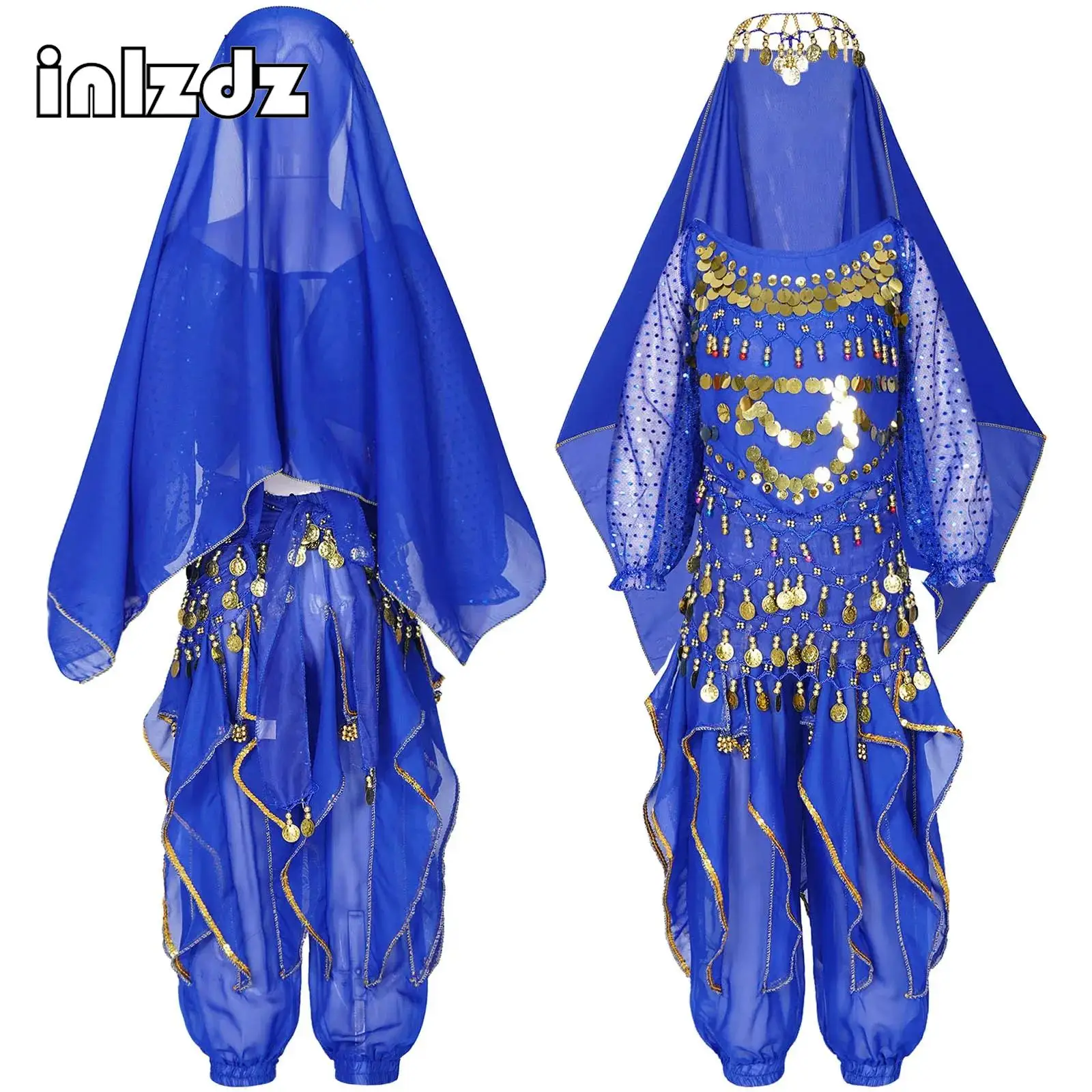 

Children Belly Dancer Belt Pants Veil Accessories Set for Kids Girls Bollywood Crop Top Ruffled Pants Belly Dance Costume Set