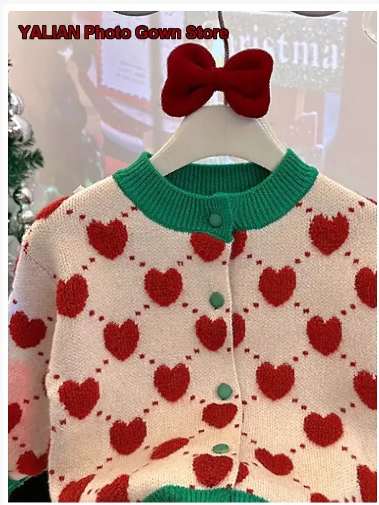 Girls Christmas Autumn Winter New Year Outfit Baby Western Style Cardigan Tutu Dress Kids New Year Two-Piece Set
