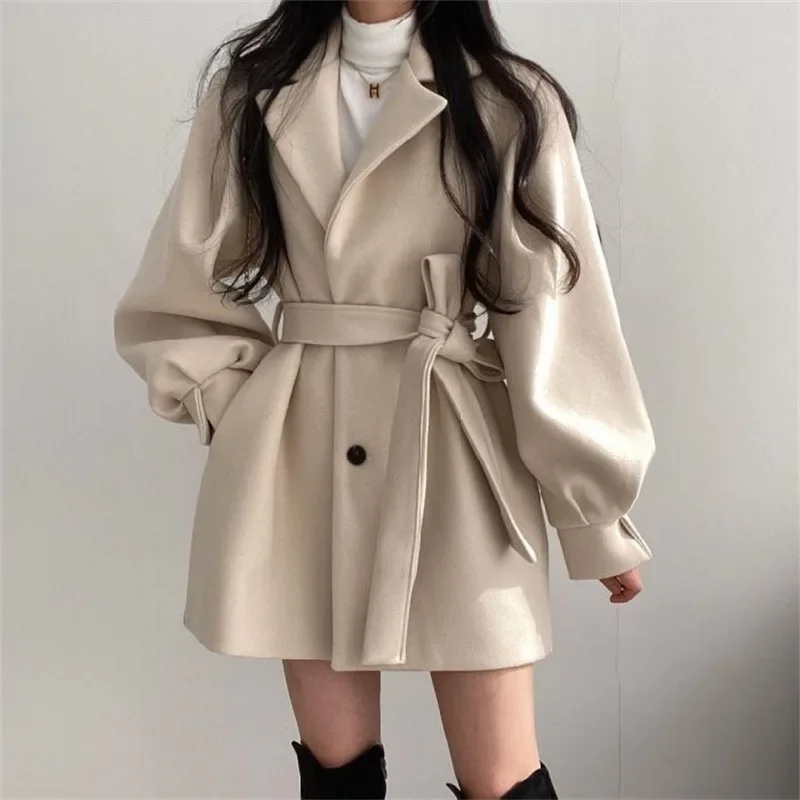 Mid Length  Blazer Collar Woolen Coat Women Belted Winter Jacket Niche Vintage Loose Fashion Overcoat Solid Trench Coats