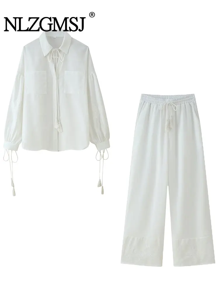 

NLZGMSJ Women's Tassel Tied Shirt Embroidered Trouser Suits Pocket Turn-Down Collar Solid Lady Sets 2 Piece Set