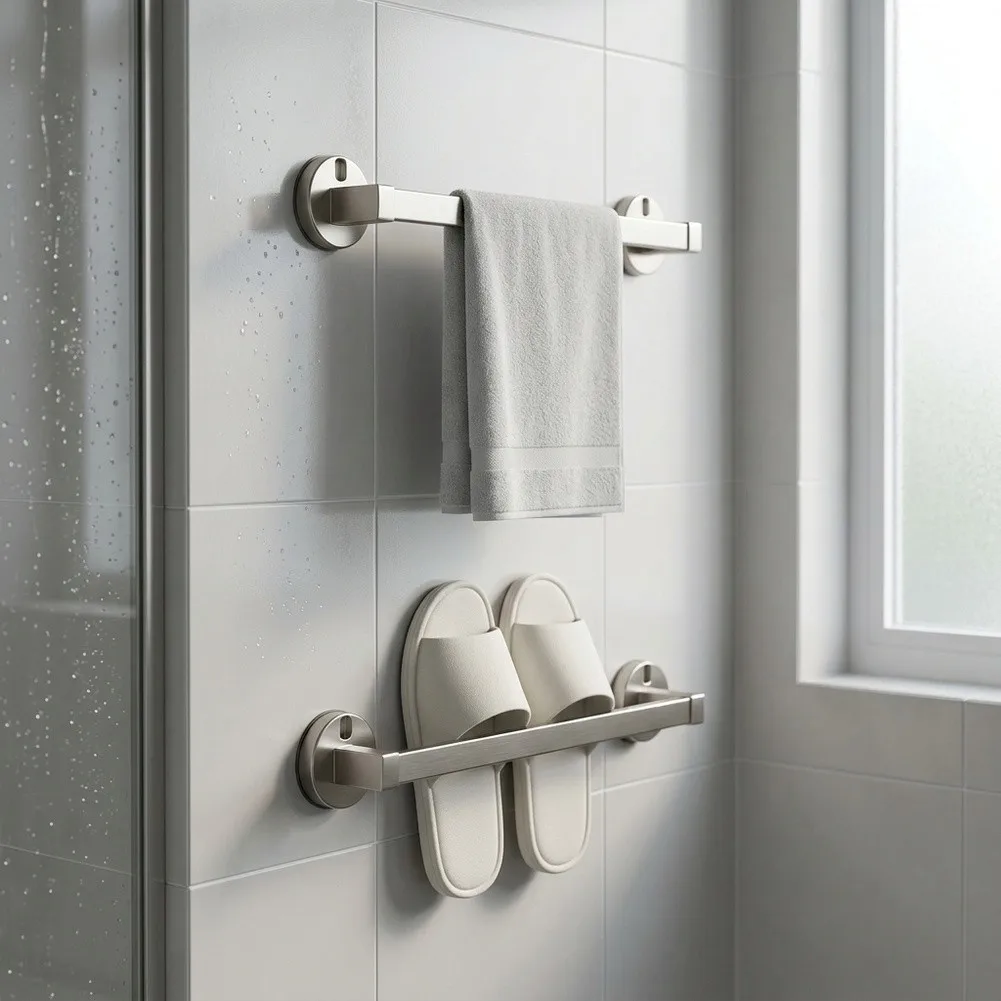 Suction Cup Bathroom Organizer with Dual Hanging Capacity for Towels and Slippers Built for Smooth Attachment Stability