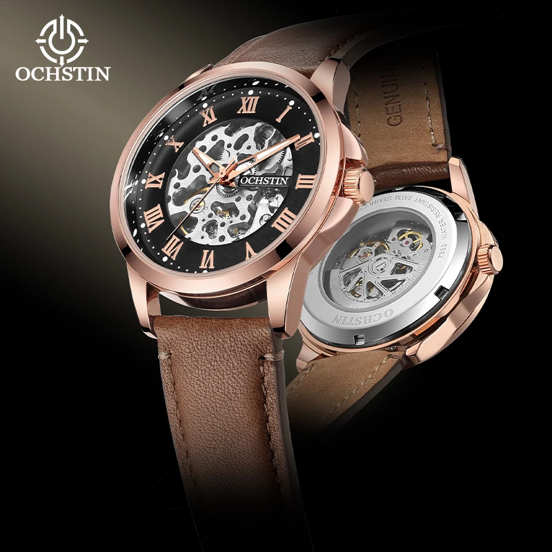OCHSTIN Men's Architect Skeleton Mechanical Watch Unique Alloy Case Solid Shell Skin-friendly Soft Genuine Leather Strap Clock