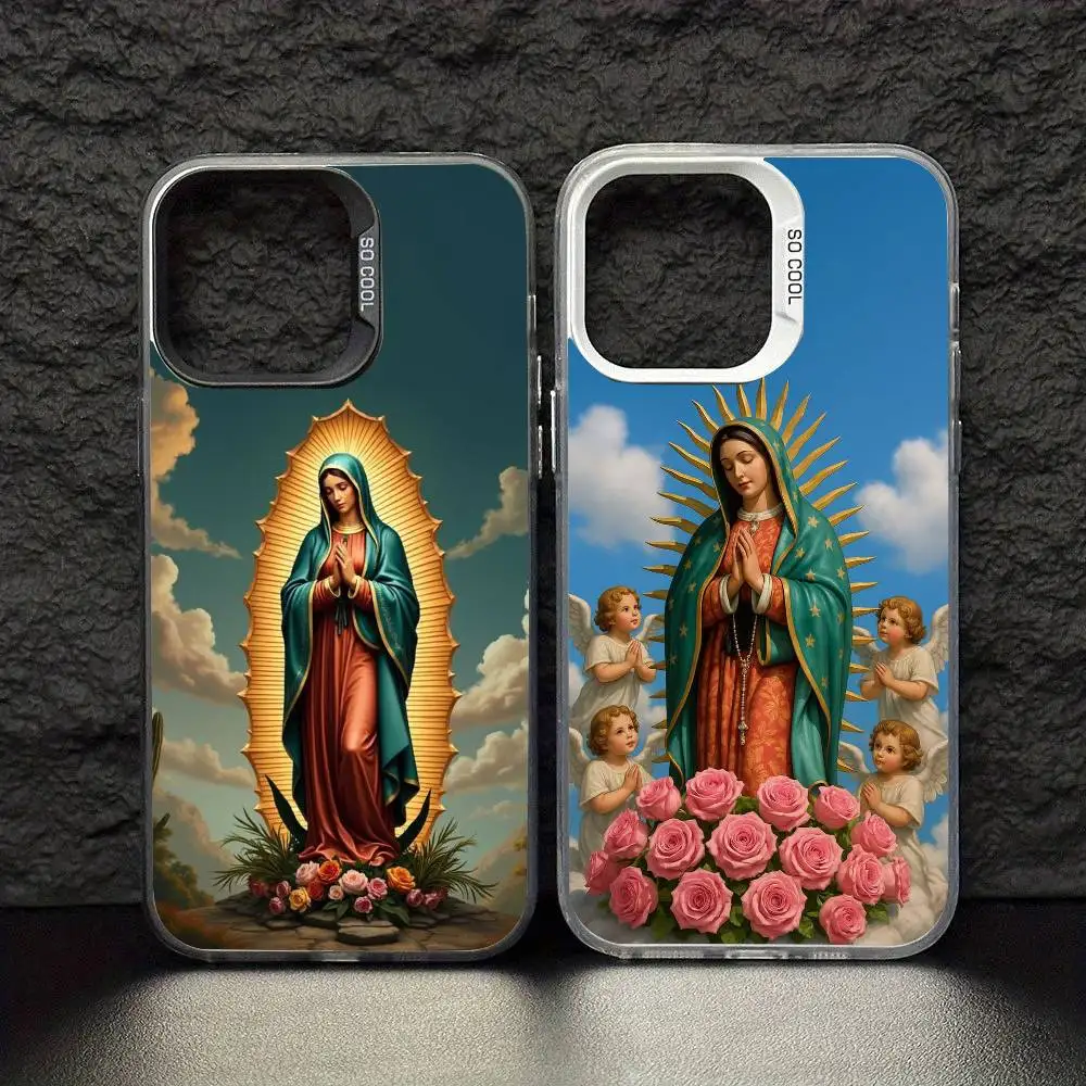 

Virgin De Guadalupe Virgen Mary Phone Case For iPhone17,16,15,14,13,12,11 Pro Max Blcak Colorful Silver Plated Inside Cover