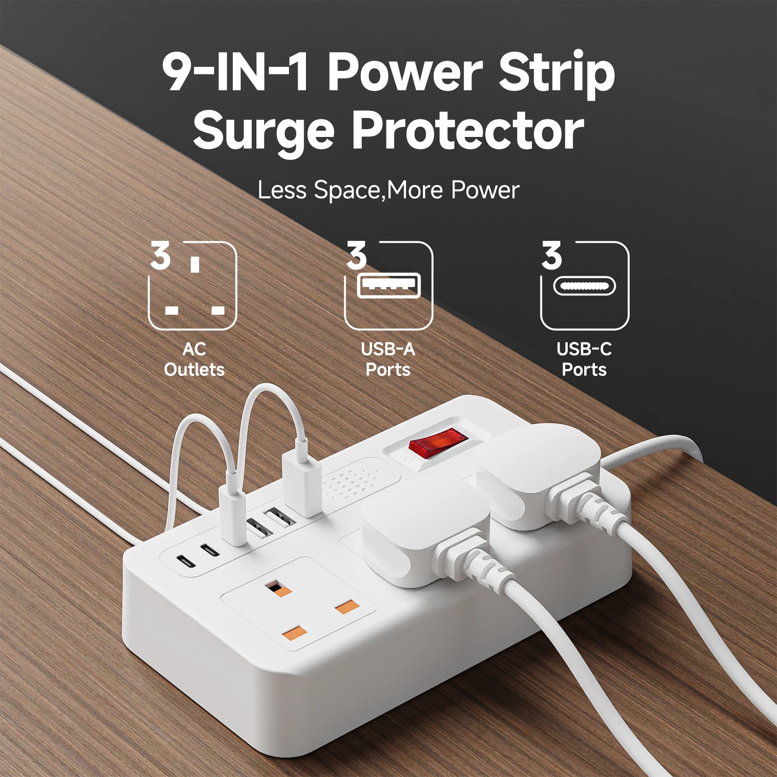

9-in-1 British standard power strip, 3 AC sockets, 3 USB 3 Type-C ports, 1.5-meter extension cord, desktop charging station