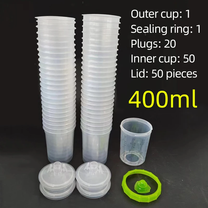 使い捨てプラスチックスプレーガン,目盛り付きカップ,一般的に密封,カースプレー,ペイントポット,フリーウォッシュ,400ml, 50セット,1ボックス