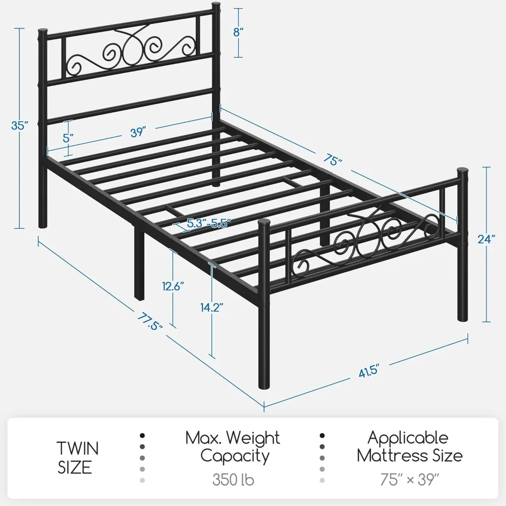 Twin Bed Frames Metal Platform Bed with Headboard and Footboard No Box Spring Needed Easy Assembly