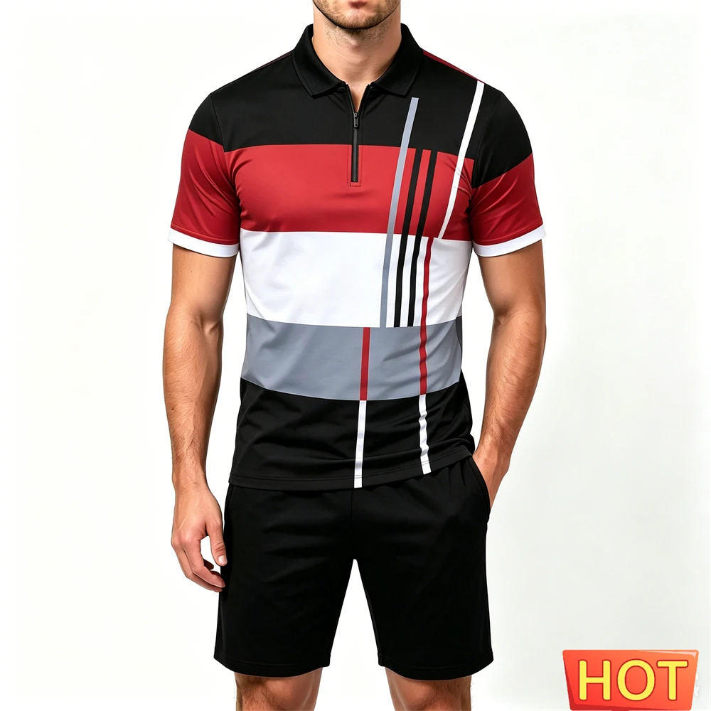 Fashion Men's Sweatshirt Set Simple Stripe Print Zip Polo Shirts and Shorts 2 Piece Summer Casual Loose Sports Short Sleeve Suit view 2