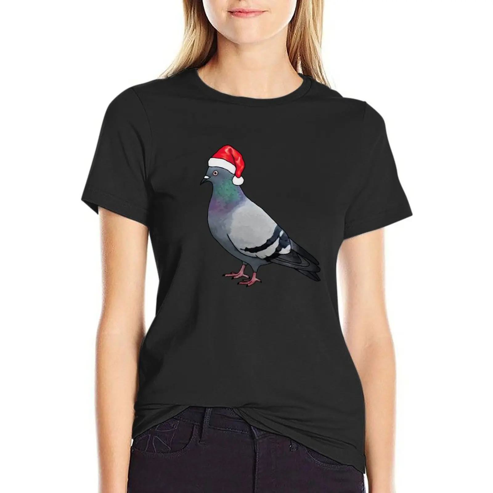 Pigeon Santa T-Shirt tops vintage blacks Woman fashion