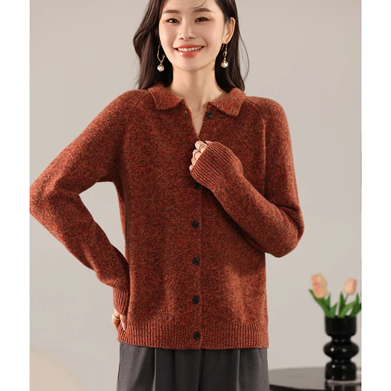 New 100% Wool Cardigan In Autumn And Winter Women's Floral Yarn Lazy Wind Leisure Long Sleeve Comfortable Coat Shirt Collar Coat