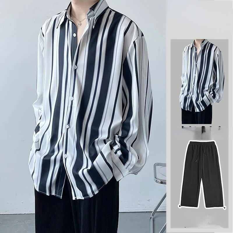 

Рубашка и шорты мужские в полоску, модный тонкий комплект из 2 предметов, сорочка оверсайз с длинным рукавом, лето 2023, F53