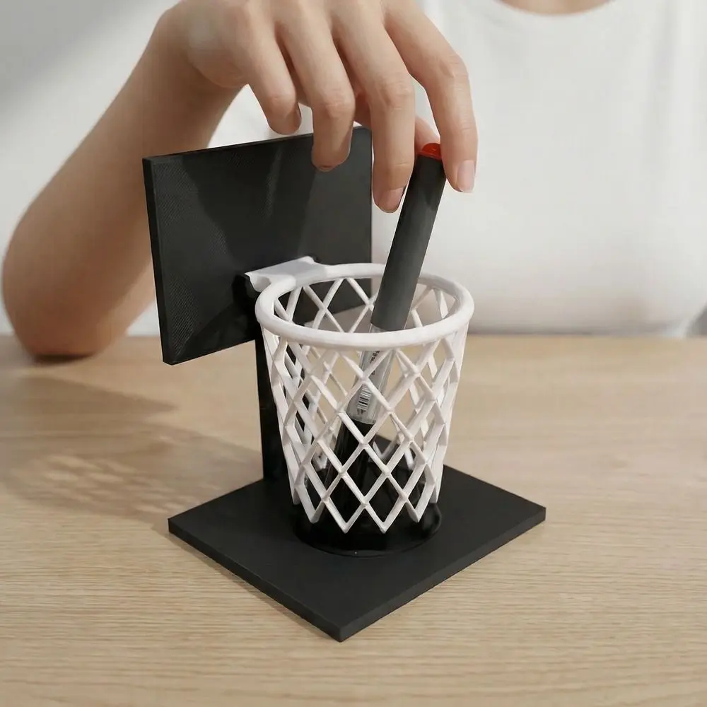 3D Printed Basketball Hoop Pen Holder Creative Large Capacity Stationery Storage Container Multi-Purpose Black Base