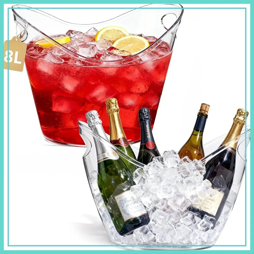 

8L Extra Large Clear Acrylic Ice Bucket 2 Pack – Heavy-Duty Beverage Tub for Parties, Weddings, Bar Use