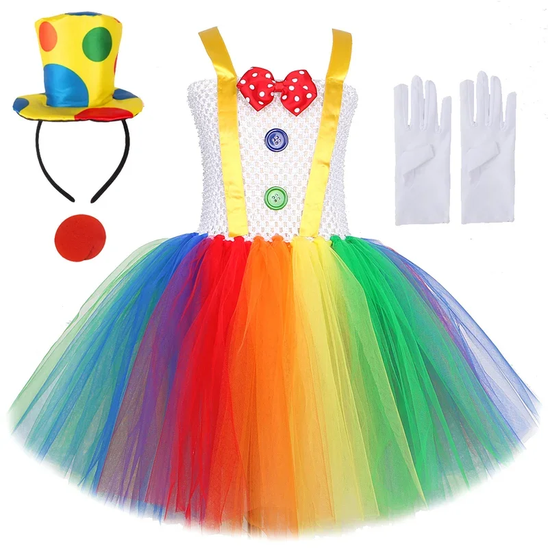 Rainbow Circus Clown Costume for Girls Funny Joker Halloween Tutu Dress for Kids Birthday Carnival Party Outfit Children Clothes