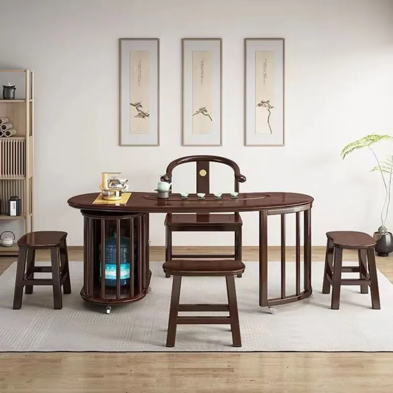 New Chinese solid wood rotating tea table and chair combination balcony integrated tea table