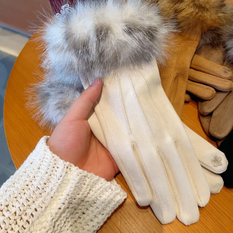 Women's Autumn/Winter Touchscreen Gloves: Leopard-Print Fur-Cuff, Windproof, Warm, and Fleece-Lined