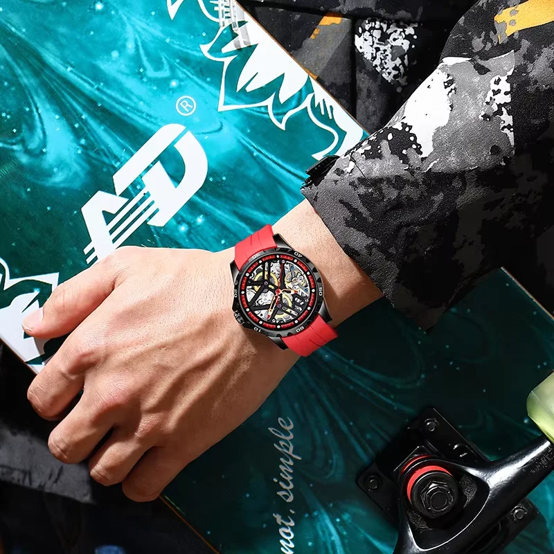 AILANG Sports Automatic Mechanical Watch for Men Fashion Stainless Steel Cased Wristwatch with Silicone Strap Skeleton Dial
