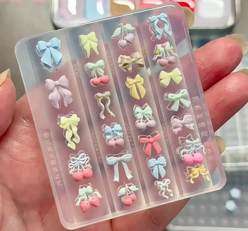 Cherry bow-shaped embossed bow silicone nail art mold Manicure Decorations Transparent Silicone Mold for Nail Art—Box packaging