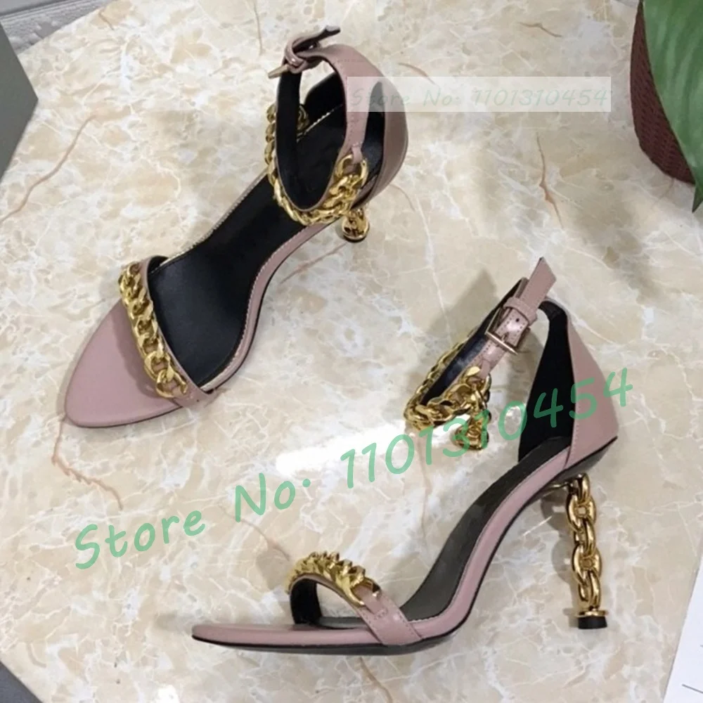 Chain-link Heel Leather Sandals Female Sexy Metal Ankle Strap Pointy Shoes Women Luxury Casual Fashion High Heels Party Sandals