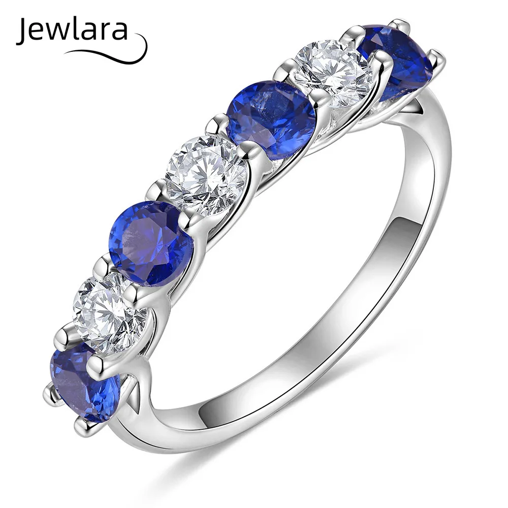 Jewlara 925 Silver Moissanite Lab-Grown Blue Gemstone 7-Diamond Row Ring for Women, Versatile Light Luxury Wedding Engagement