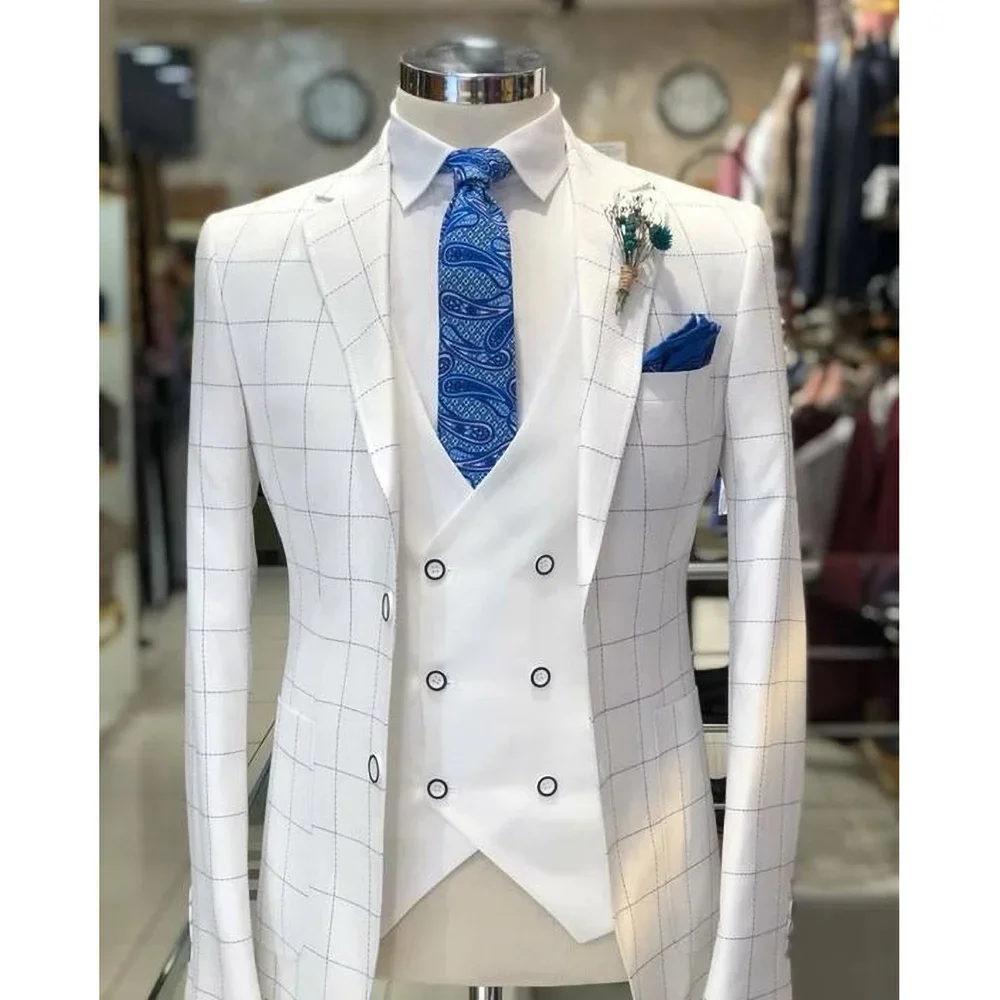 Summer White Plaid Men Suits 3 Piece Set Formal Notch Lapel Single Breasted Suit Business Casual Groom Wedding Tuxedo 2024